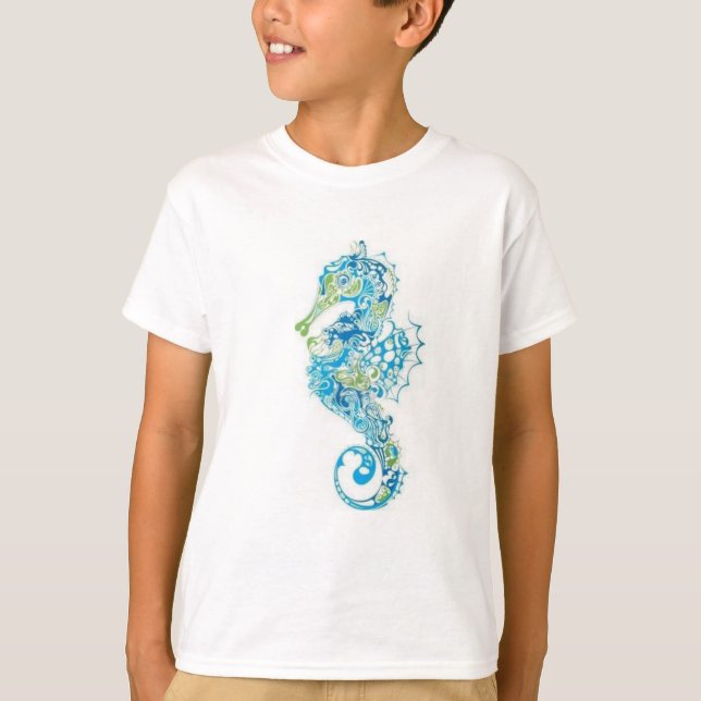 Abstraktes blaues Seepferd T-Shirt (Vorderseite)
