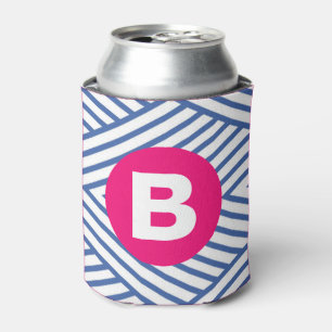 Abstraktes blaues Streifenmuster mit rosa Monogram Dosenkühler