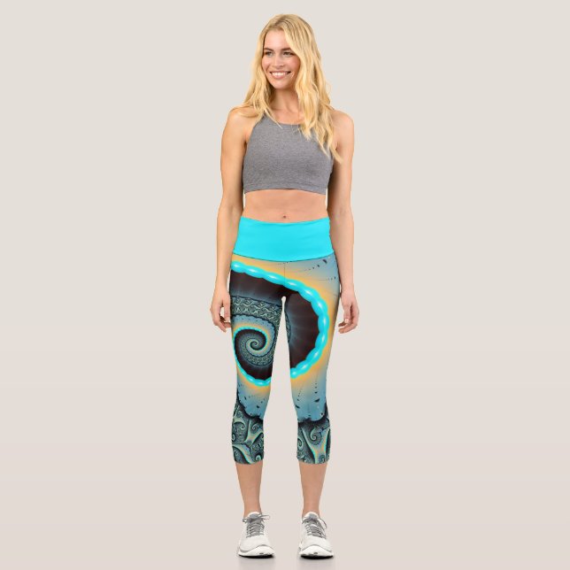 Abstraktes blaues Türkis Orange Fraktal Capri Leggings (Vorderseite)