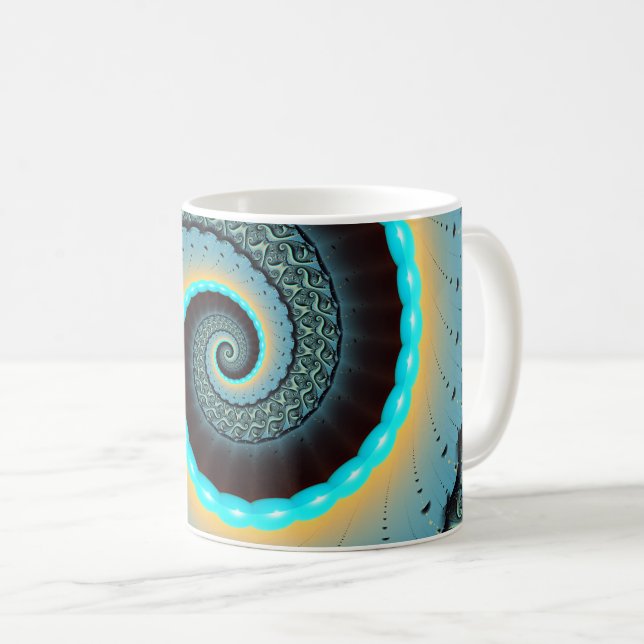 Abstraktes blaues Türkis Orange Fraktal Kaffeetasse (VorderseiteRechts)