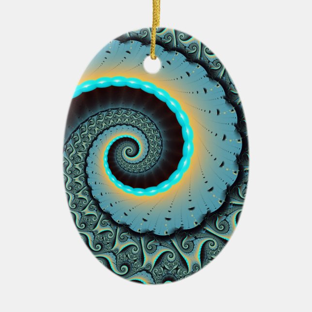 Abstraktes blaues Türkis Orange Fraktal Keramik Ornament (Vorne)