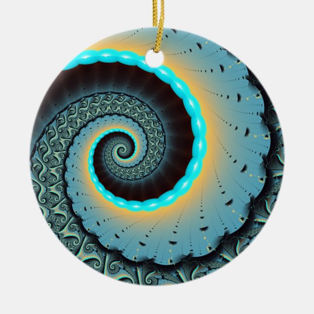 Abstraktes blaues Türkis Orange Fraktal Keramik Ornament (Vorne)