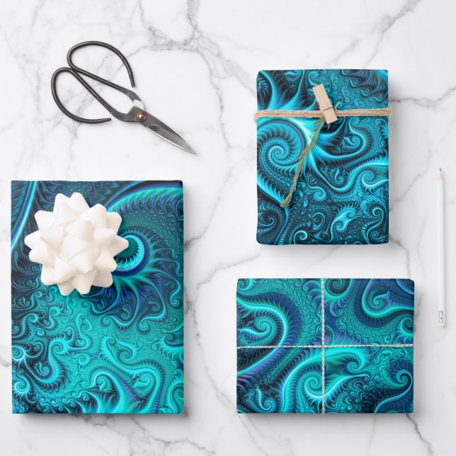 Abstraktes blaues und Aquamarines Spiralmuster Geschenkpapier Set (Vorderseite)