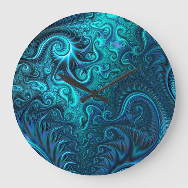 Abstraktes blaues und Aquamarines Spiralmuster Große Wanduhr (Vorderseite)