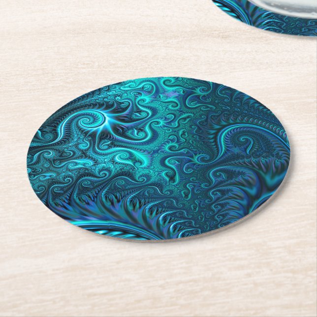 Abstraktes blaues und Aquamarines Spiralmuster Runder Pappuntersetzer (Angewinkelt)
