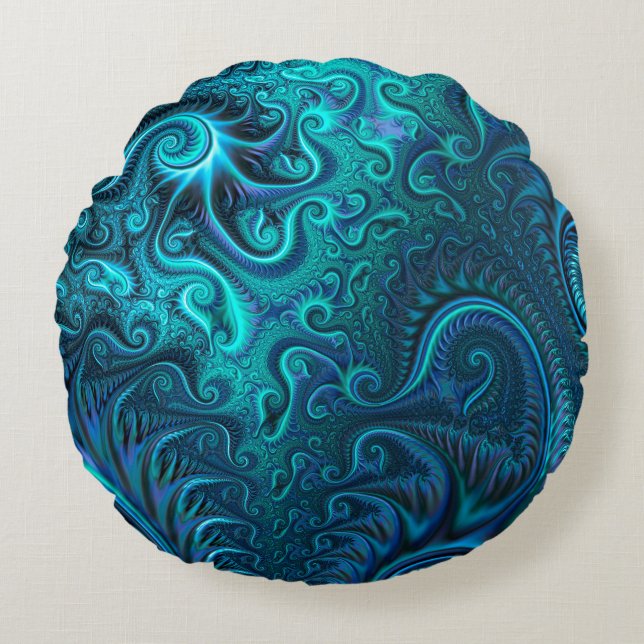 Abstraktes blaues und Aquamarines Spiralmuster Rundes Kissen (Vorderseite)