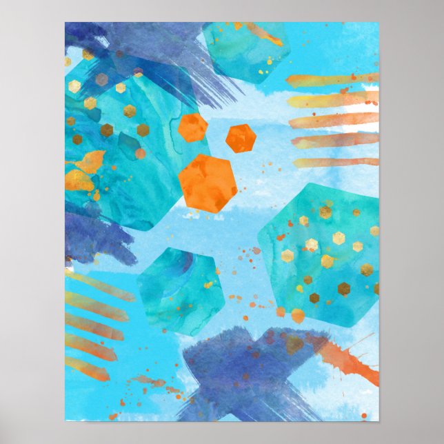 Abstraktes blaues und orangefarbenes Poster (Vorne)