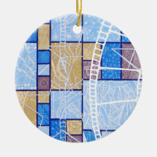 Abstraktes blauweißes ockerfarbenes Muster, Sterne Keramik Ornament