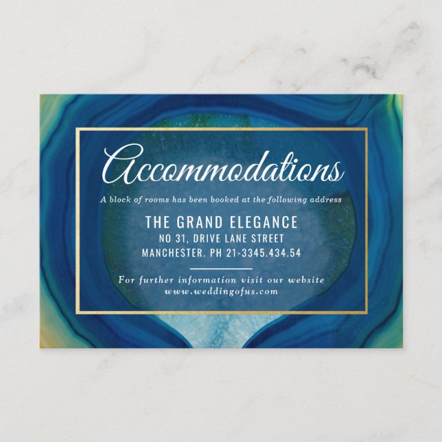 Abstraktes Blue Agate Muster Hochzeitsunterkünfte Begleitkarte (Vorderseite)