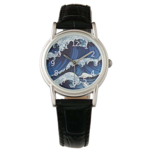 Abstraktes Blue Ocean Waves Artwork im japanischen Armbanduhr (Vorderseite)