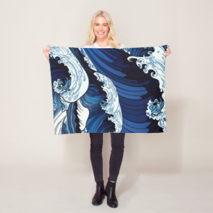 Abstraktes Blue Ocean Waves Artwork im japanischen Fleecedecke
