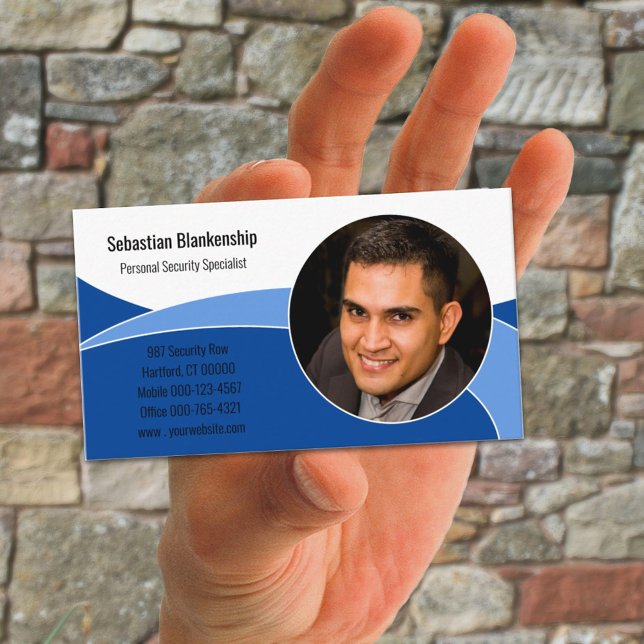 Abstraktes Blue Security Berufliches benutzerdefin Visitenkarte (custom photo business card template design front)