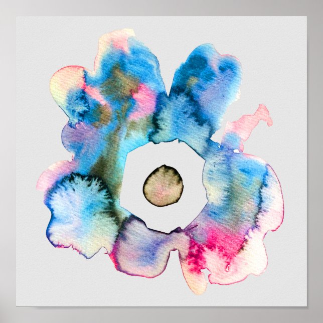 Abstraktes Blumenblau in grauem Aquarellposter Poster (Vorne)