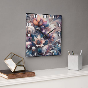 Abstraktes Blumendesign mit Wirbel und Perlen Quadratische Wanduhr