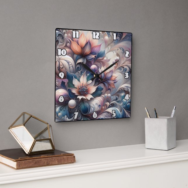 Abstraktes Blumendesign mit Wirbel und Perlen Quadratische Wanduhr (Büro)