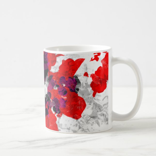 Abstraktes Blumendesign - rot und lila über weiß Kaffeetasse (Rechts)