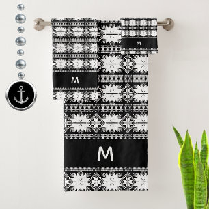 Abstraktes Blumenmuster auf schwarzem weißen Monog Badhandtuch Set