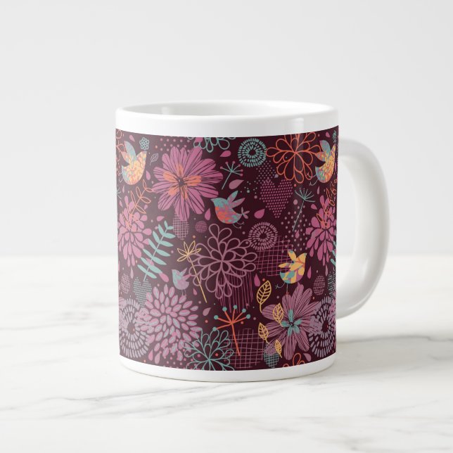 Abstraktes Blumenmuster bei Vögeln Jumbo-Tasse (Vorderseite Rechts)