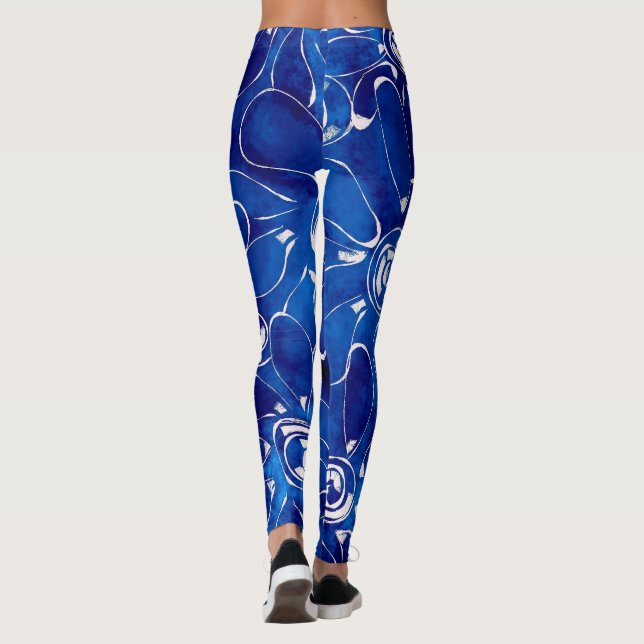 Abstraktes Blumenmuster Blaue weiße Blume Leggings (Rückseite)