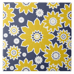 Abstraktes Blumenmuster, gelb, weiß, blau Fliese