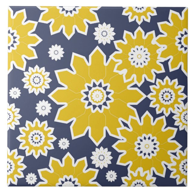 Abstraktes Blumenmuster, gelb, weiß, blau Fliese (Vorderseite)