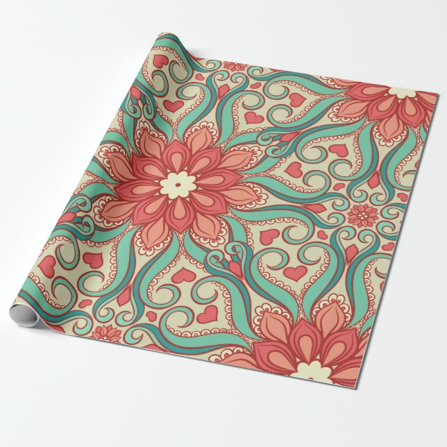 abstraktes Blumenmuster mit Herz auf einem leichte Geschenkpapier (Ungerollt)