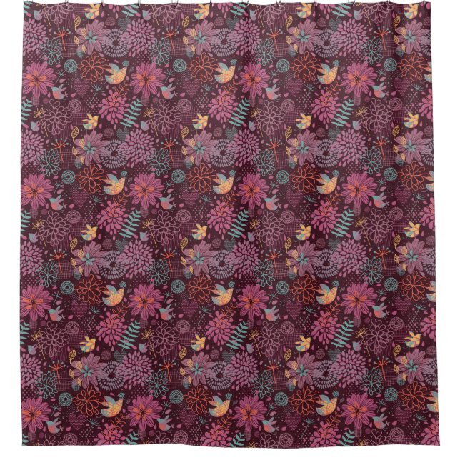 Abstraktes Blumenmuster mit Vögeln Duschvorhang (Vorderseite)