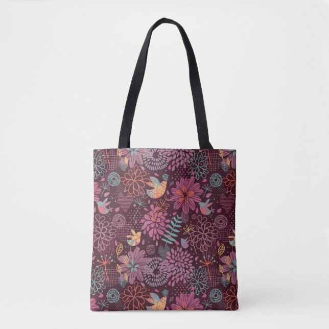 Abstraktes Blumenmuster mit Vögeln Tasche (Vorderseite)