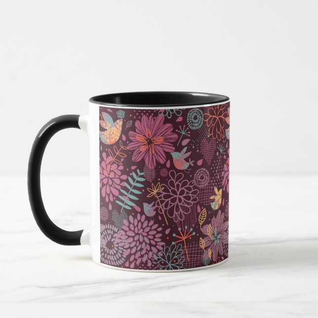 Abstraktes Blumenmuster mit Vögeln Tasse (Links)
