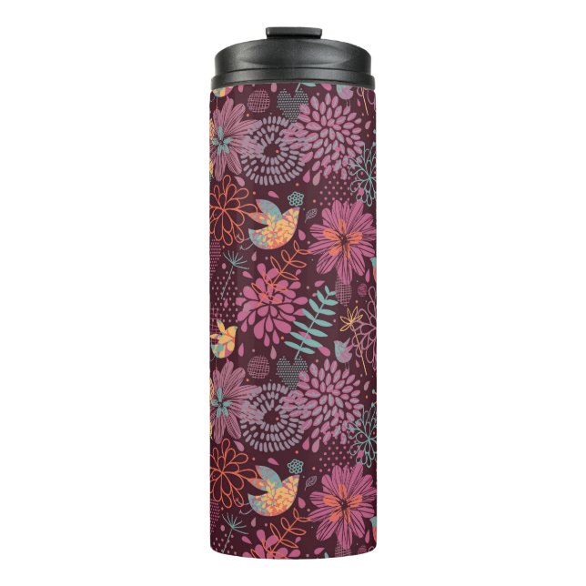 Abstraktes Blumenmuster mit Vögeln Thermosbecher (Vorderseite)