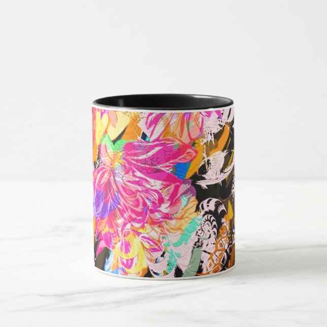 Abstraktes Blütenmuster und Tiermuster Schwarz Ros Tasse (Zentrum)