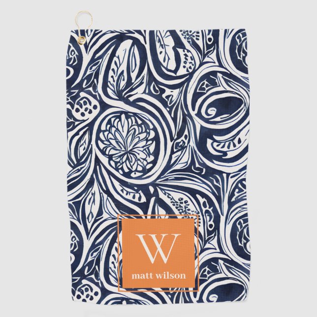 Abstraktes Botanisches Monogramm für kühle Navy-Ro Golfhandtuch (Vorderseite)