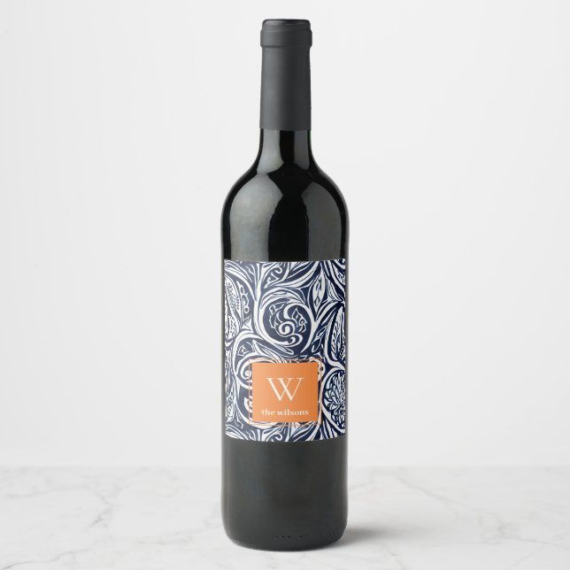 Abstraktes Botanisches Monogramm für kühle Navy-Ro Weinetikett (Vorderseite)