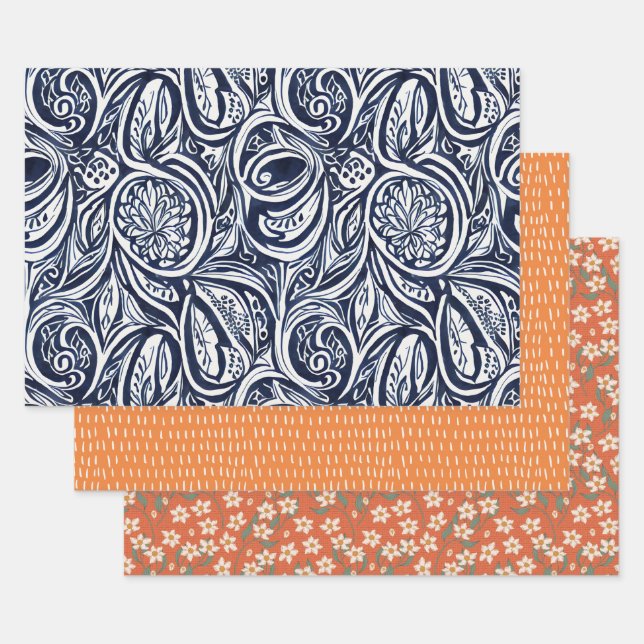 Abstraktes botanisches Muster für kaltes Marinestr Geschenkpapier Set (Set)