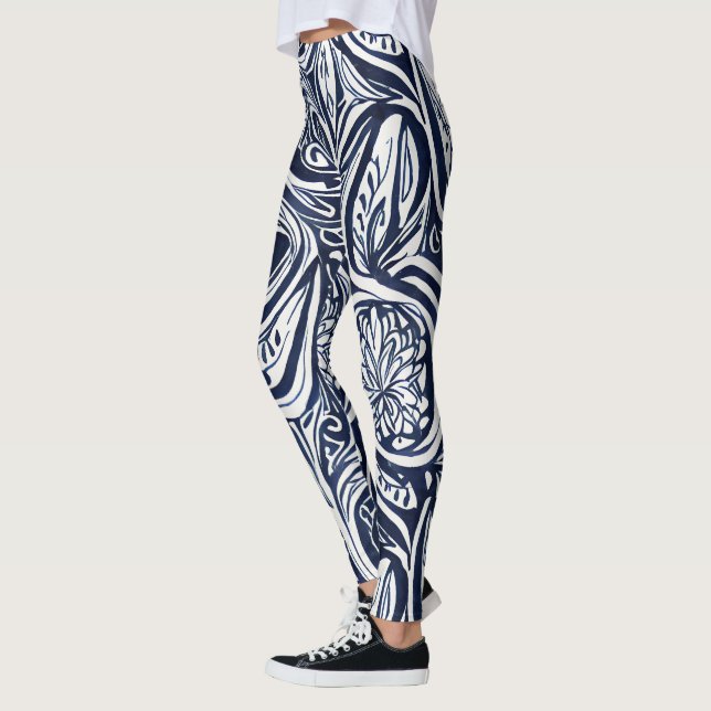 Abstraktes botanisches Muster für kaltes Marinestr Leggings (Links)