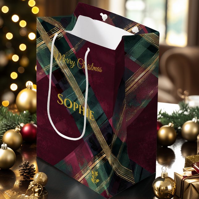 Abstraktes Burgund & Green Kariert Christmas Custo Mittlere Geschenktüte (Von Creator hochgeladen)