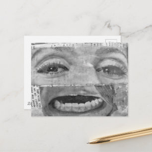 abstraktes Collage mit Augen und Mund schwarz weiß Postkarte