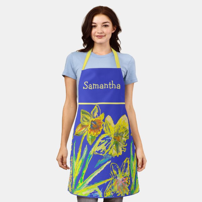 Abstraktes Daffodin Wasserfarbe Gelbe Blume Blau Schürze (Getragen)