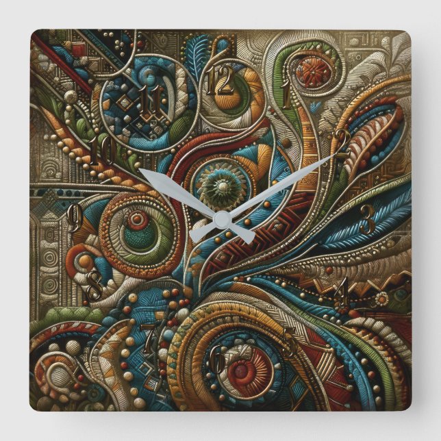 Abstraktes Design Red Blue Gold Green Quadratische Wanduhr (Vorderseite)