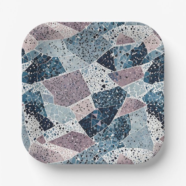 Abstraktes Design von Blue und Mauve Terrazzo Pappteller (Vorderseite)