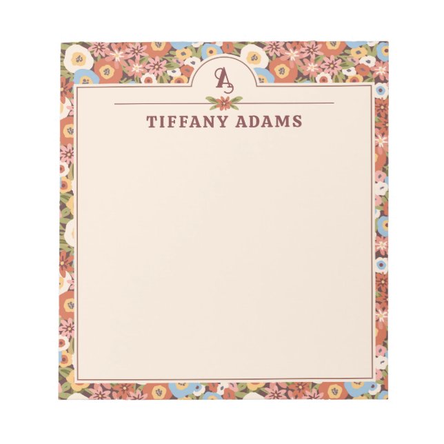 Abstraktes Ditsy-Blumen-Retro-Monogramm Notizblock (Vorderseite)