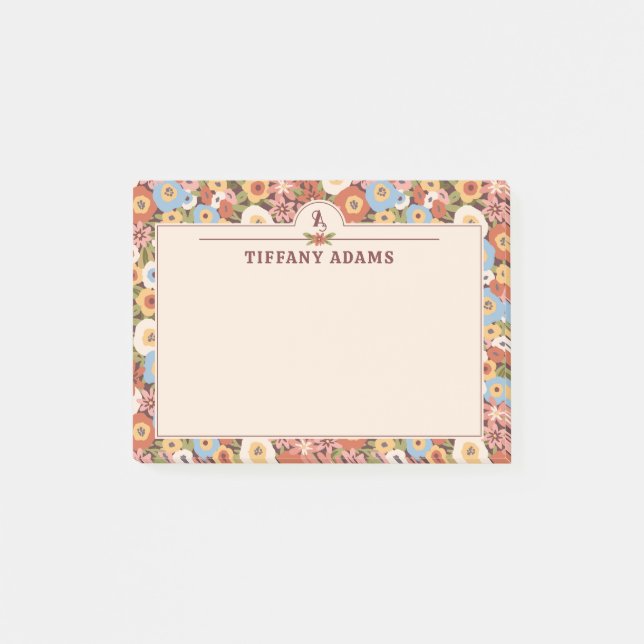 Abstraktes Ditsy-Blumen-Retro-Monogramm Post-it Klebezettel (Vorderseite)