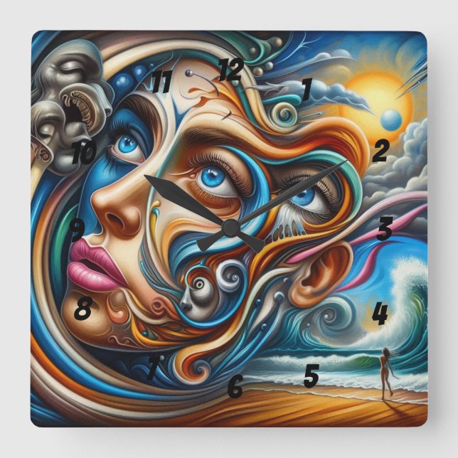 Abstraktes Dreamscape Ozean Ruhe und kosmisches Wu Quadratische Wanduhr (Vorderseite)