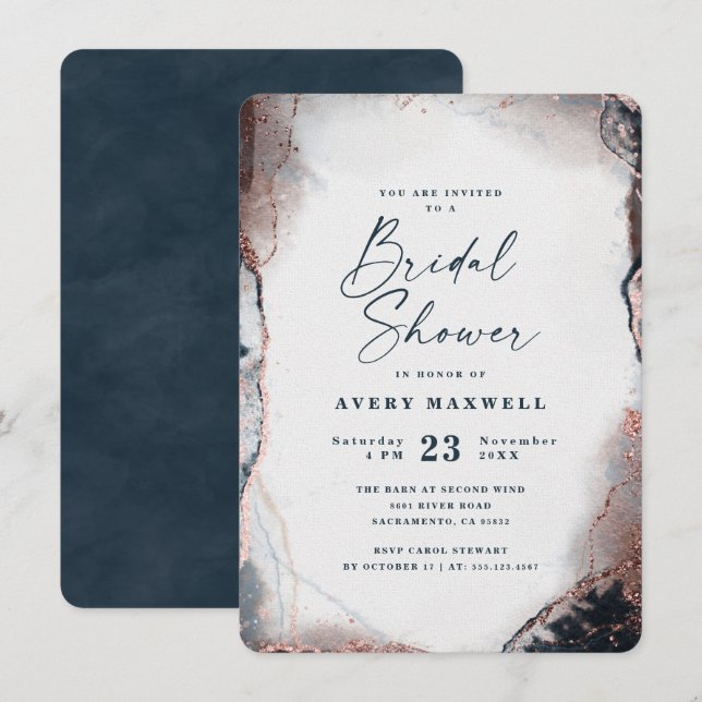 Abstraktes Ethereal-Navy & Rose-Gold-Brautparty Einladung (Vorne/Hinten)