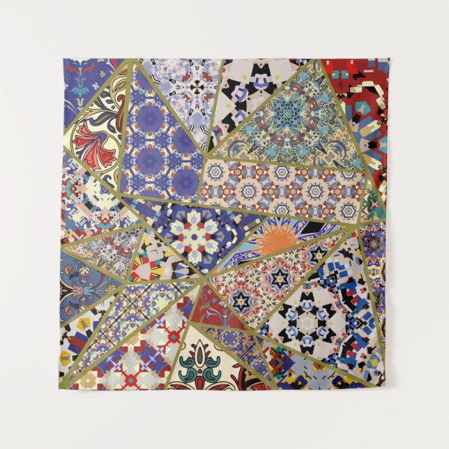 Abstraktes ethnisches spanisches Fliesen-Patchwork Wandteppich (Vorderseite)