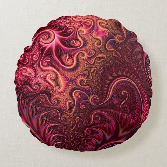 Abstraktes, farbenfroh Burgund-Carmine-Spiralmuste Rundes Kissen (Vorderseite)
