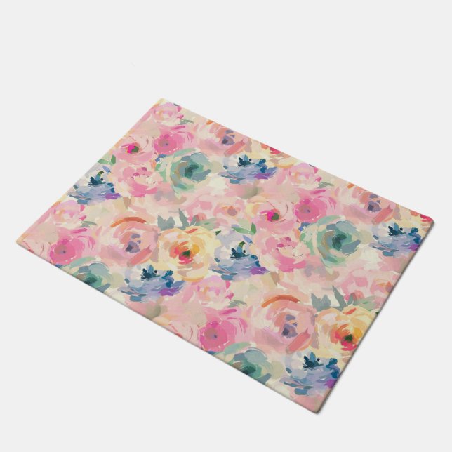 Abstraktes farbenfrohes Pastell-Blumenmuster Fußmatte (Schrägansicht)