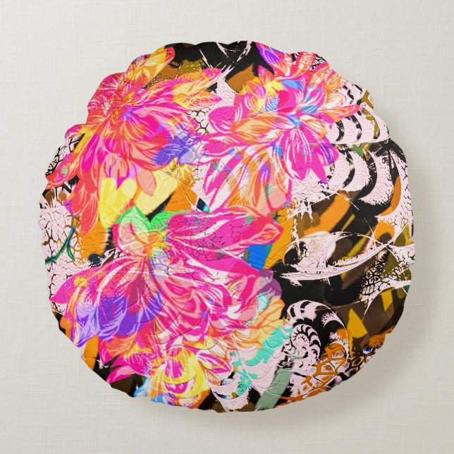 Abstraktes Fell- und Tiermuster Schwarz-Rosa-Gold Rundes Kissen (Vorderseite)