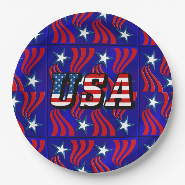 Abstraktes Flaggenmuster mit USA-Text-Papierteller Pappteller (Vorderseite)