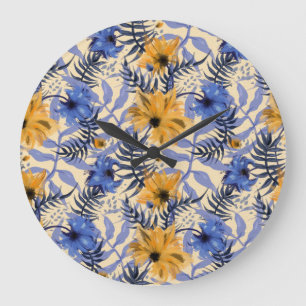 Abstraktes Floral: Wasserfarbe Modernes Muster Große Wanduhr